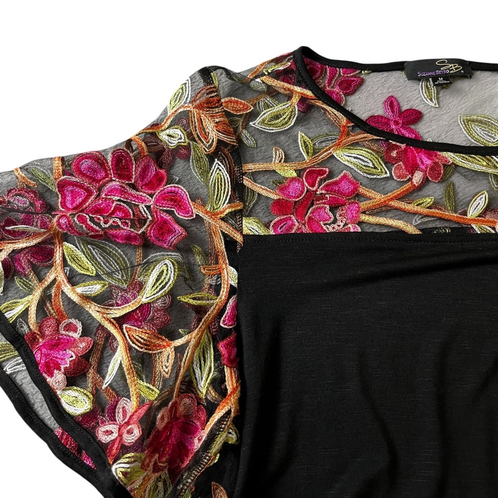 Suzanne Betro Womens‎ Black Floral Embroidered Mesh Flutter Sleeve Top Size M - Picture 4 of 9